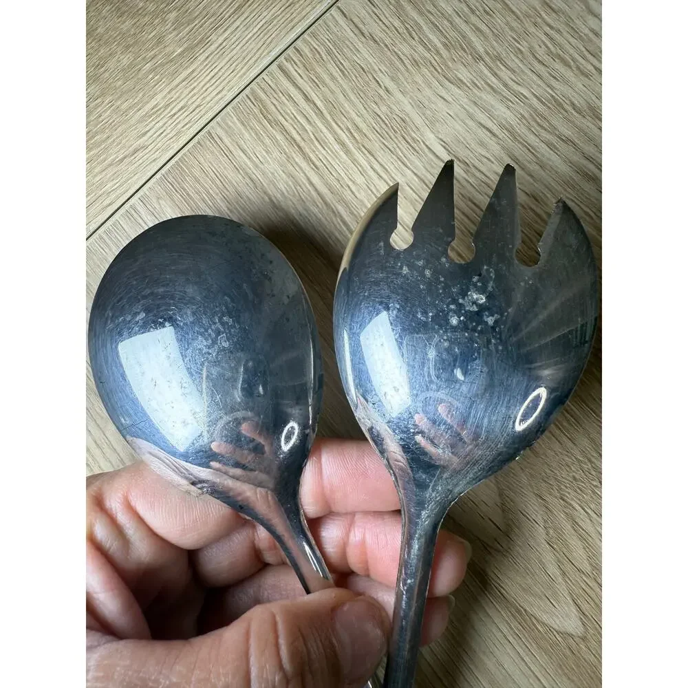 Vintage Silverplate Italy Salad Serving Set Spoon Fork Plain Minimalist Design